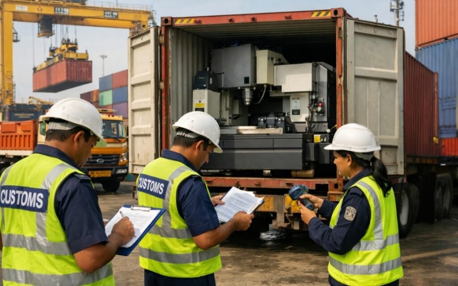 Customs officers inspecting machinery inside an open container