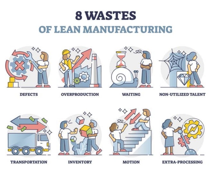Diagram of the eight wastes of lean manufacturing