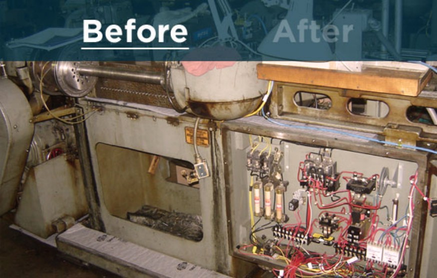 Machine control panel shown before and after a retrofit