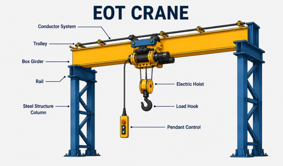 Labeled diagram of an electric overhead travelling crane