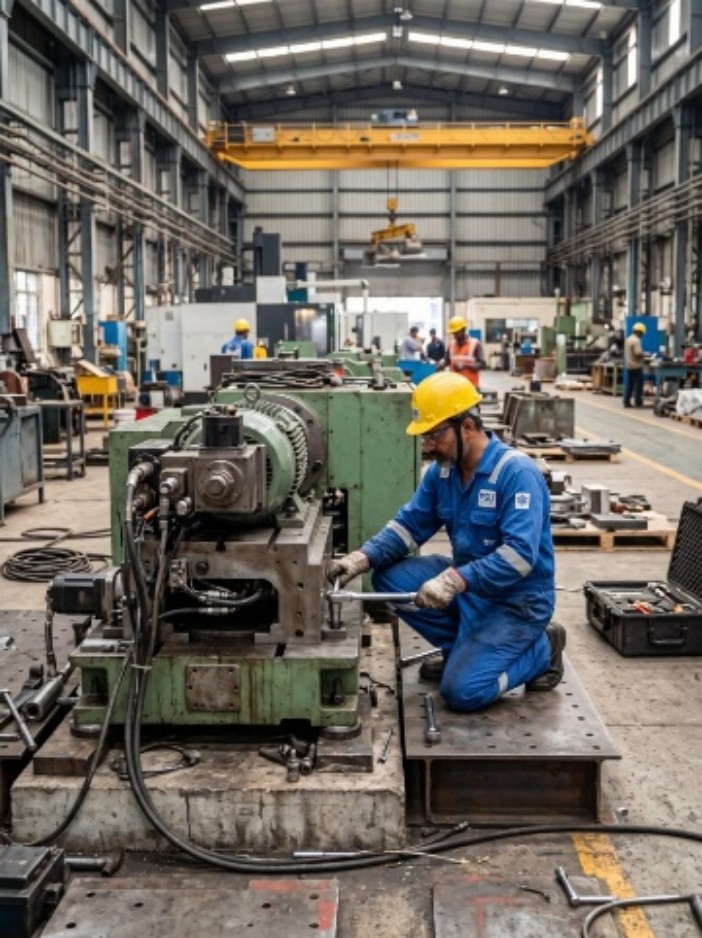 Technician servicing industrial machinery on the shop floor