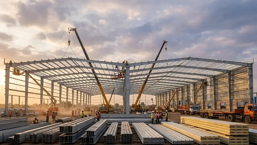Steel industrial building under erection at a new site